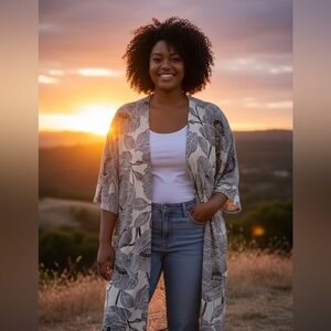 twelvemonths lightweight duster, batwing sleeves, off-white w navy blue pattern